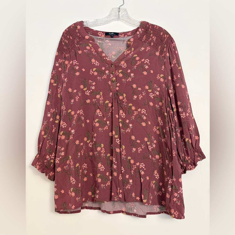 Angels Forever Young Blouse Womens 1X Plum Floral Boho Smocked Henley Peasant
